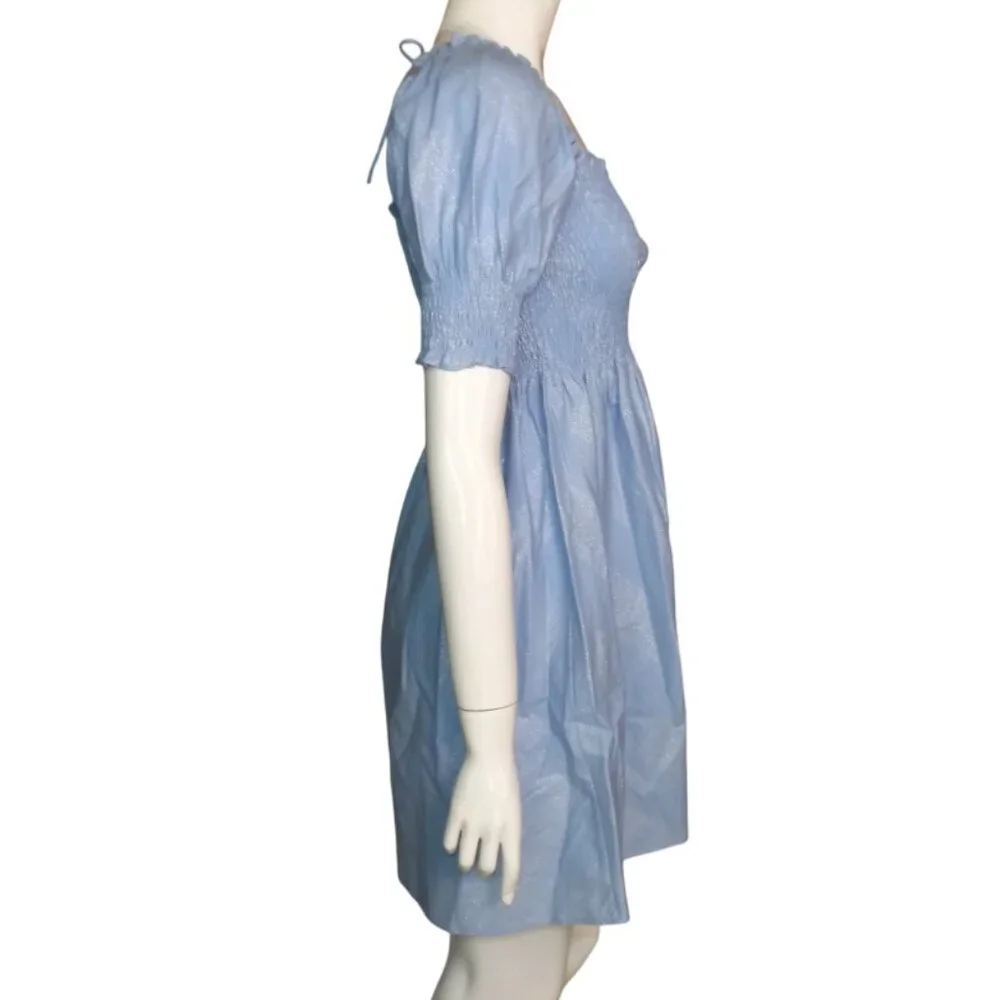HILL HOUSE Mini Dress, S, Athena Nap, Powder Blue/Silver check, Smocking A-line - Picture 7 of 13